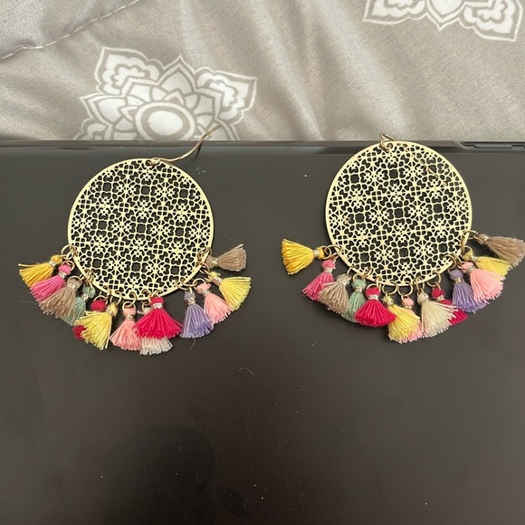Gold Circle Dangle Earrings w/ Rainbow Tassels - Picture 1 of 2